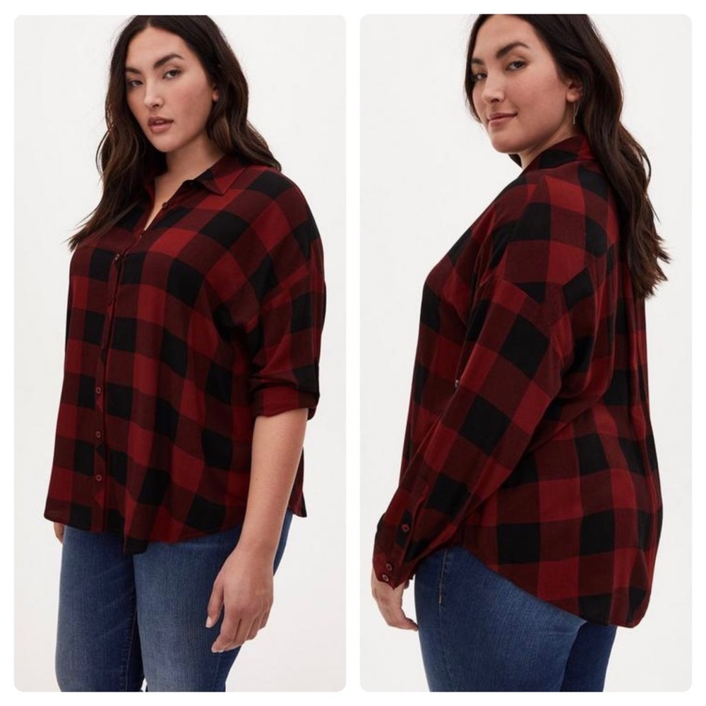 Torrid Plus Size Rust Plaid Drop Shoulder Shirt - image 1